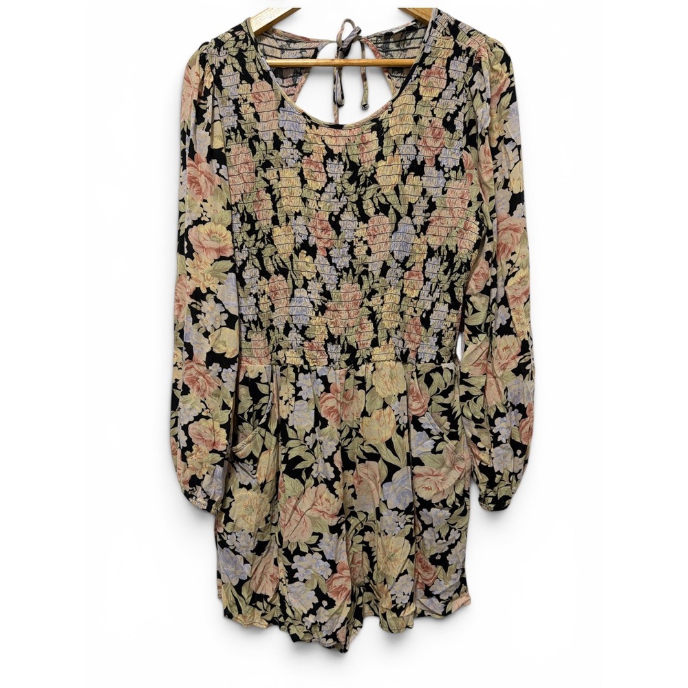 American Eagle Vintage Floral Smocked Romper Long Sleeve Pockets Black Large